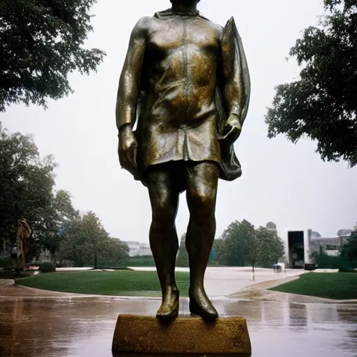 Prompt: A monumental, 10 feet tall bronze sculpture en plein pied of Joe Biden in a toga, in the middle of a rainy courtyard, contrapposto, natural overcast lighting, museum catalog photography, F 2.8, 85mm Velvia 100, high DOF