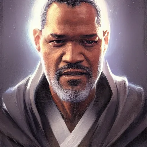 Image similar to portrait of a man by greg rutkowski, old jedi master, black, he looks like laurence fishbourne, star wars expanded universe, he is about 6 0 years old, wearing jedi robes, highly detailed portrait, digital painting, artstation, concept art, smooth, sharp foccus ilustration, artstation hq