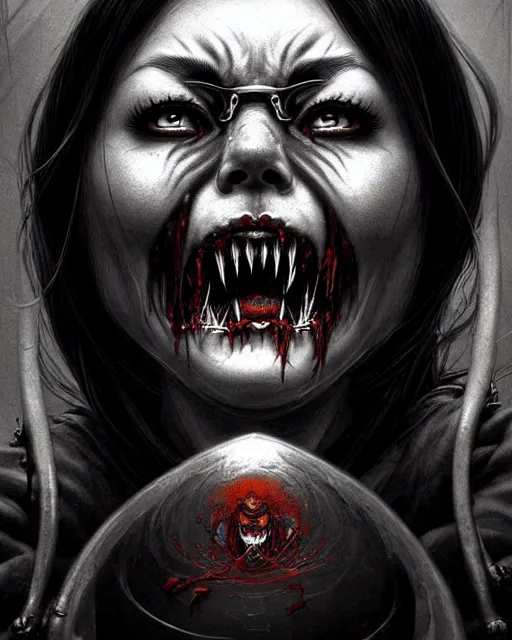 Image similar to mei from overwatch, evil, crazed look in her eyes, character portrait, portrait, close up, concept art, intricate details, highly detailed, horror poster, horror, vintage horror art, realistic, terrifying, in the style of michael whelan, beksinski, and gustave dore