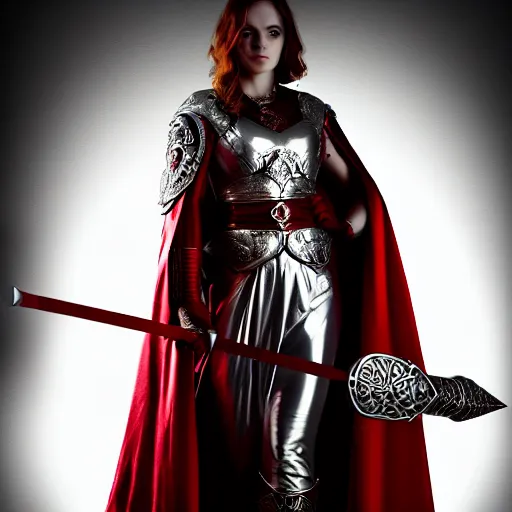 Image similar to a beautiful woman in a crimson cloak holding a glowing white spear and an obsidian shield, silver intricate armor, spotlight, ornate, realistic, cinematic lighting, sunbeams, volumetric lighting, epic pose, victorian, opulent 4 k