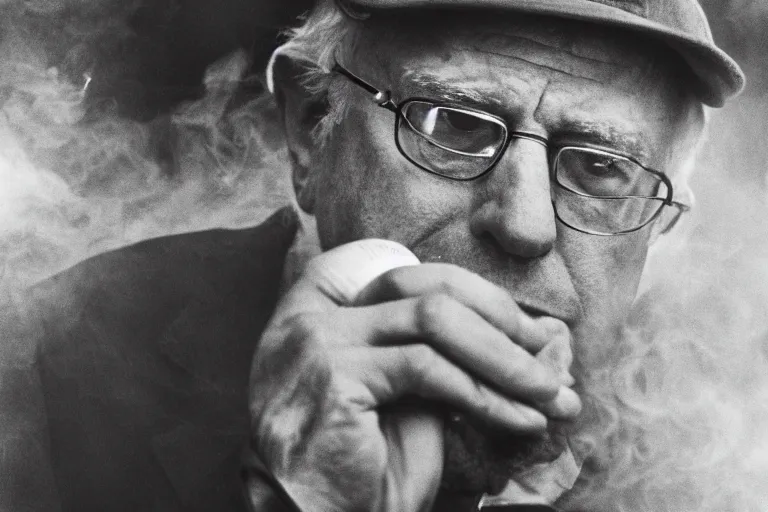 Image similar to closeup potrait of bernie sanders offering a werther's original in a smoky new york street, screen light, sharp, detailed face, magazine, press, photo, Steve McCurry, David Lazar, Canon, Nikon, focus