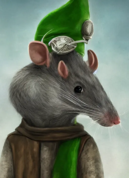 Image similar to gray rat standing on two legs, gray beard, wearing jewelry, green eyes, tricorne hat, green robe, D&D, digital art, realistic, trending on artstation, 4k, sea in the background