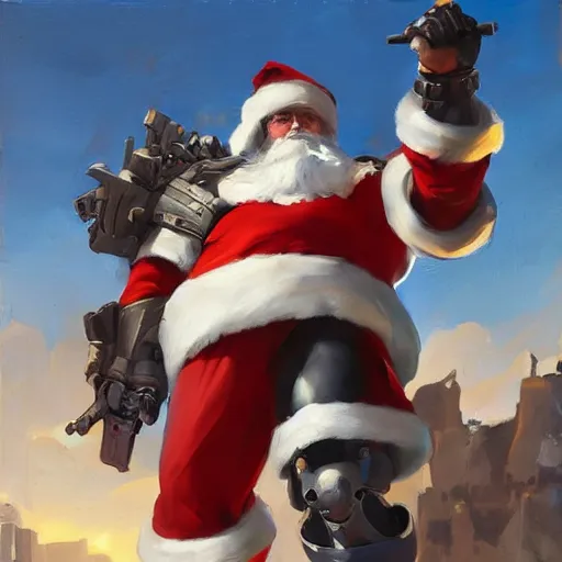 Image similar to greg manchess portrait painting of fully armored santa claus as overwatch character, medium shot, asymmetrical, profile picture, organic painting, sunny day, matte painting, bold shapes, hard edges, street art, trending on artstation, by huang guangjian and gil elvgren and sachin teng