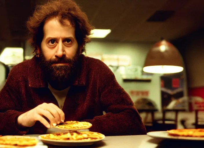 Image similar to cinematic detailed portrait of bearded charlie kaufman eating pizza at chuck - e - cheese, dramatic top down lighting, moody film still from being john malkovich ( 2 0 0 1 ), 3 5 mm kodak color stock, 2 4 mm lens, directed by spike jonze, ecktochrome