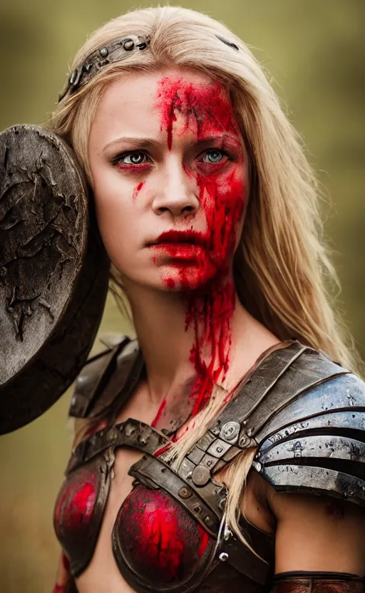 Image similar to photorealistic 3/4 photograph of beautiful female viking warrior, angry with big grey eyes, red tribal warpaint, Frank frazetta, arney freytag, octane, bokeh, 8k, action pose, bloody, cinematic, 28mm