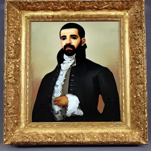 Prompt: oil painting portrait of Drake wearing a colonial outfit, 8k, very detailed, very intricate,