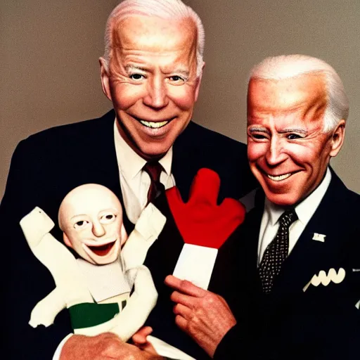 Prompt: UHD candid color photo of 'Klaus Schwab wearing Nazi uniform' holding a 'ventriloquist dummy of Joe Biden', accurate faces, UHD, photorealistic, correct face, photo by Annie Leibowitz