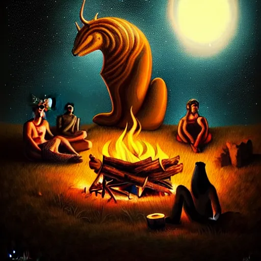 Image similar to strange mythical beasts of sitting around a fire under a full moon, surreal dark uncanny painting by ronny khalil