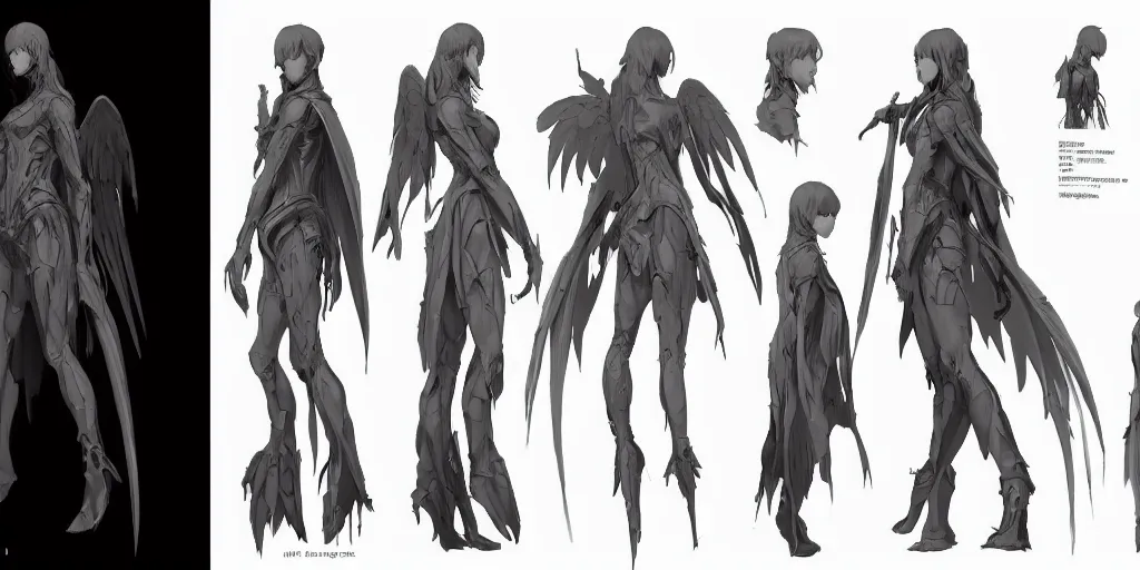 Prompt: the angel of death, character concept, character reference sheet, front and side views, by makoto shinkai, stanley artgerm lau, wlop, rossdraws, james jean, andrei riabovitchev, marc simonetti, krenz cushart, sakimichan, trending on artstation, digital art, character design, lou romano color scheme