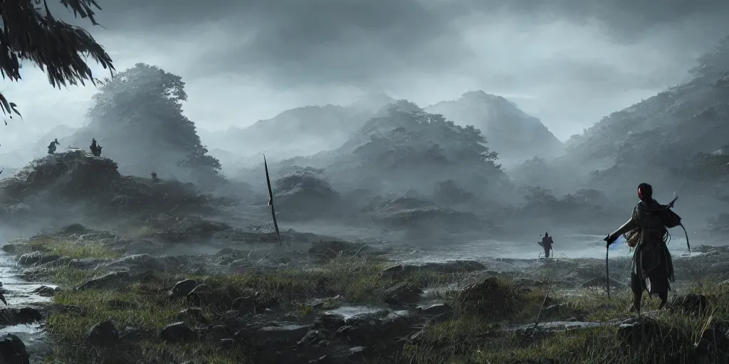 Image similar to an environmental concept art of ghost of tsushima, highly detailed, environmental light, cinematic by francis tneh