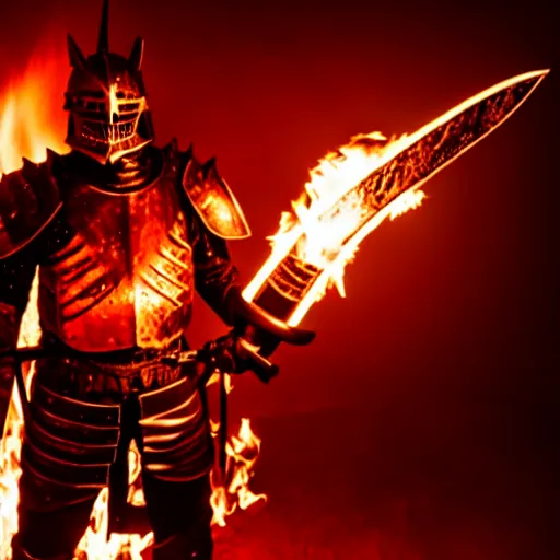 Image similar to photo of a real-life hell knight with a flaming sword