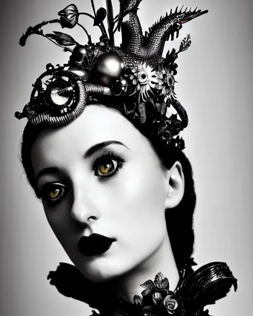 Prompt: a black and white high quality dreamy photo of a young beautiful female queen-silver dragon-vegetal-flower-cyborg bust with a very long cyborg neck and a steampunk flower crown, elegant, highly detailed, poetic, soft, dreamy, mysterious, high fashion, in the style of Horst P. Horst, Metropolis, Realistic, Refined, Digital Art, Highly Detailed, Cinematic Lighting, rim light, black and white, photo-realistic, 8K