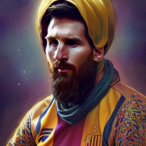 Prompt: lionel messi as a muslim, d & d, fantasy, intricate, elegant, highly detailed, digital painting, artstation, concept art, matte, sharp focus, illustration, art by artgerm and greg rutkowski and alphonse mucha