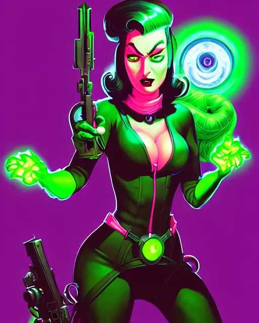 Image similar to miss atomic bomb, supervillain, villainess, pulp femme fatale, glowing eyes, green glow, comic cover painting, masterpiece artstation. 8 k, sharp high quality artwork in style of wayne reynolds and don bluth, concept art by jack kirby, blizzard warcraft artwork, hearthstone card game artwork