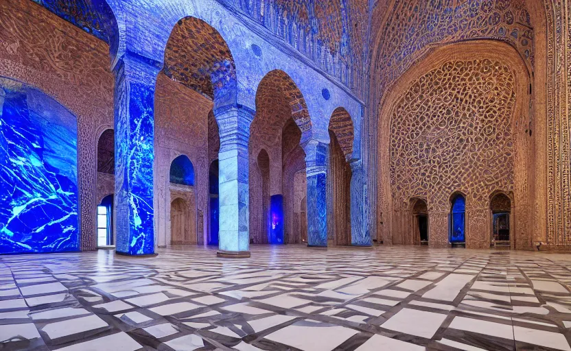 Prompt: interior of a massive hall with intricate muqarnas glowing blue obsidian and white marble, detailed, busy museum interior, incredible, remarkable, volumetric lighting, cinematic lighting, 8 k