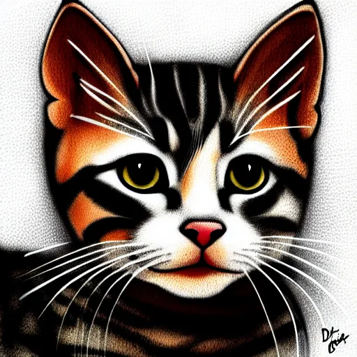 Prompt: kitten with a suspicious smirk, christi du toit style, digital illustration