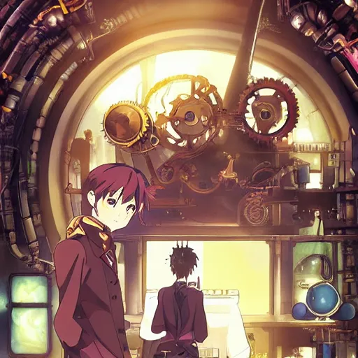 Image similar to film still a steampunk anime about scientists creating a mechanical bunny, art by Dice Tsutsumi, Makoto Shinkai, Studio Ghibli, playstation 2 printed game poster cover, cover art, poster, poster!!!