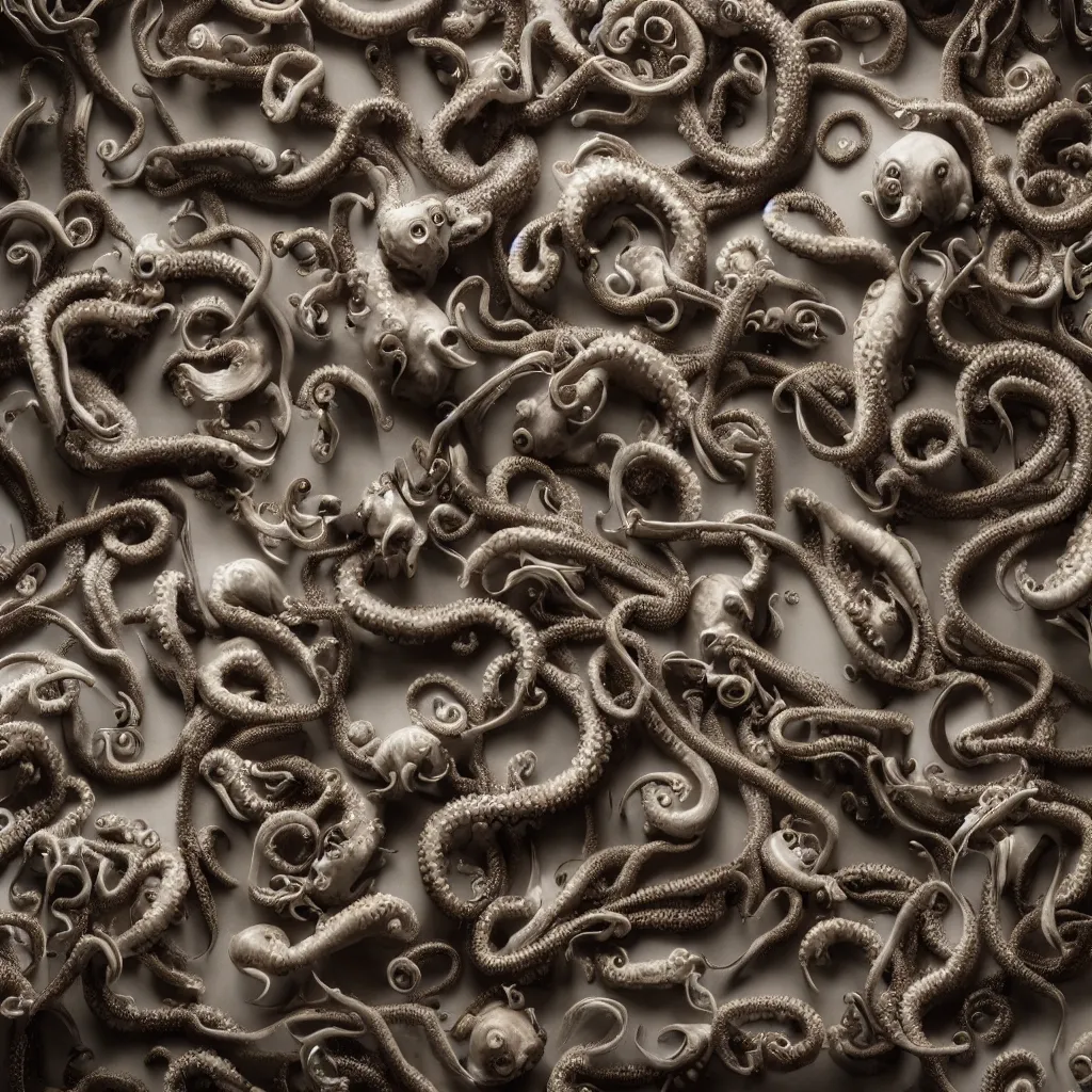 Image similar to a wideshreen photo of a huge cabinet full of octopuses cinematic lighting, silverplate, hyper realistic, very detailed, Octane render 8k