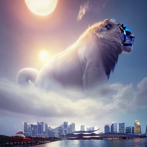 Prompt: Singapore Esplanade, Marina Bay with a lion-shaped cloud in the sky and a squadron of chinooks flying in the sky, by greg rutkowski, red and white lighting, digital art, ultra realistic, ultra detailed, photorealistic, 4k, character concept