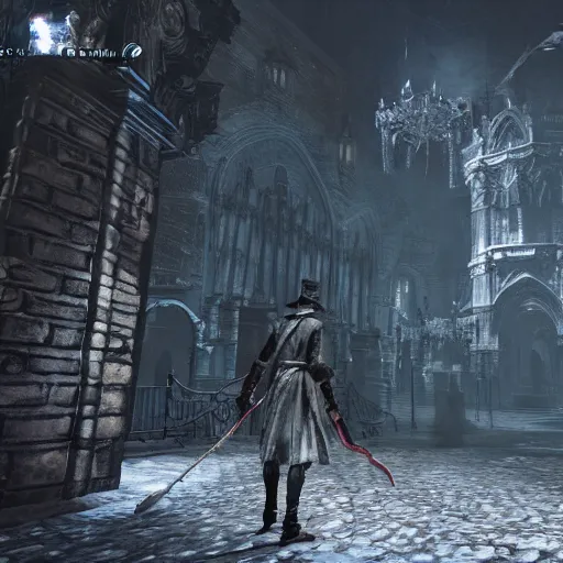 Image similar to unique screenshot from Bloodborne, underground cave, long shot view