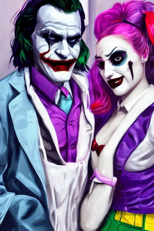 Image similar to joaquin phoenix as joker and lady gaga as harley quinn, fix duplicate content!, fix broken content!, violet polsangi pop art, gta chinatown wars art style, bioshock infinite art style, incrinate, realistic anatomy, hyperrealistic, two colors, white frame, content balance proportion
