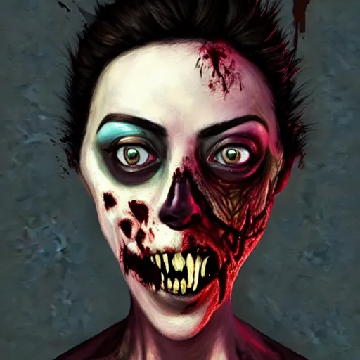 Image similar to color head portrait of aubrey plaza as a really cute zombie, 7 days to die zombie, gritty background, fine art, award winning, intricate, elegant, sharp focus, cinematic lighting, digital painting, 8 k concept art, art by michael hussar, art by brom, art by guweiz and z. w. gu, 8 k