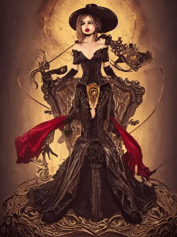 Prompt: picture of female steampunk necromancer sitting on her black throne, detailed face, angled sitting, golden corset, black clothing, grey cape, top hat, pale skin, red eyes, red lipstick, fractal background, high fantasy, dnd, highly detailed, smooth, sharp focus, digital illustration, by rossdraws