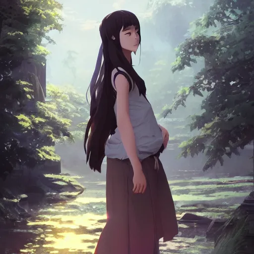 Prompt: beautiful young asian woman with long hair, realistic, detailed, cel shaded, in the style of makoto shinkai and greg rutkowski and james gurney