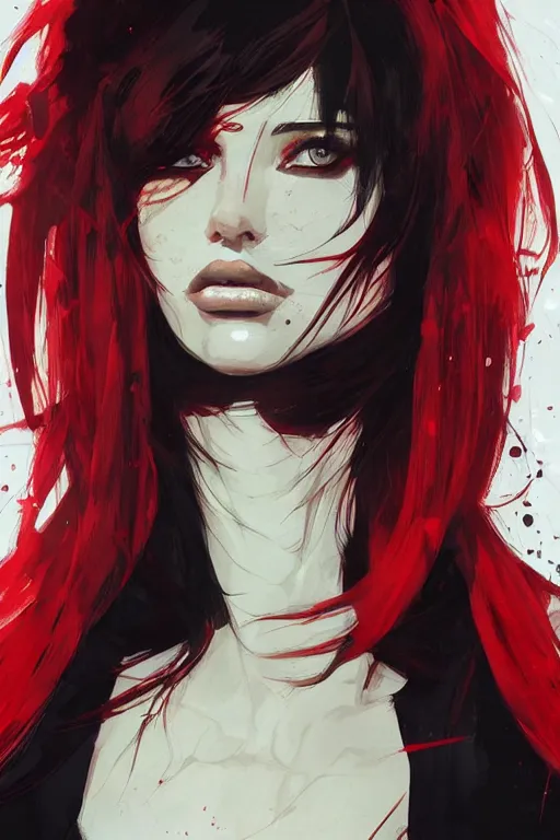 Image similar to a ultradetailed beautiful painting of a stylish female snyth, by conrad roset, red and black, greg rutkowski and makoto shinkai trending on artstation