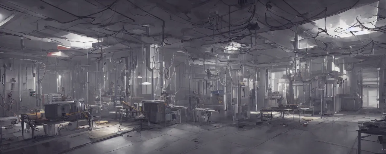 Prompt: interior of a lab with a reactor in the middle of the room and lots of wirings hanging from ceiling and pipes in the walls with big exhaust fan on the wall scifi, 8 k uhd, unreal engine, octane render in the artstyle of finnian macmanus, john park and greg rutkowski