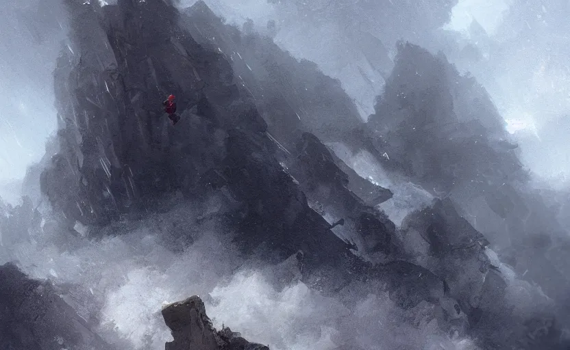 Image similar to a climber climbs into a storm, painting by craig mullins, octane rendering, soft morning lighting, wide angle lens, in the style of hayao miyazaki, trending on artstation,