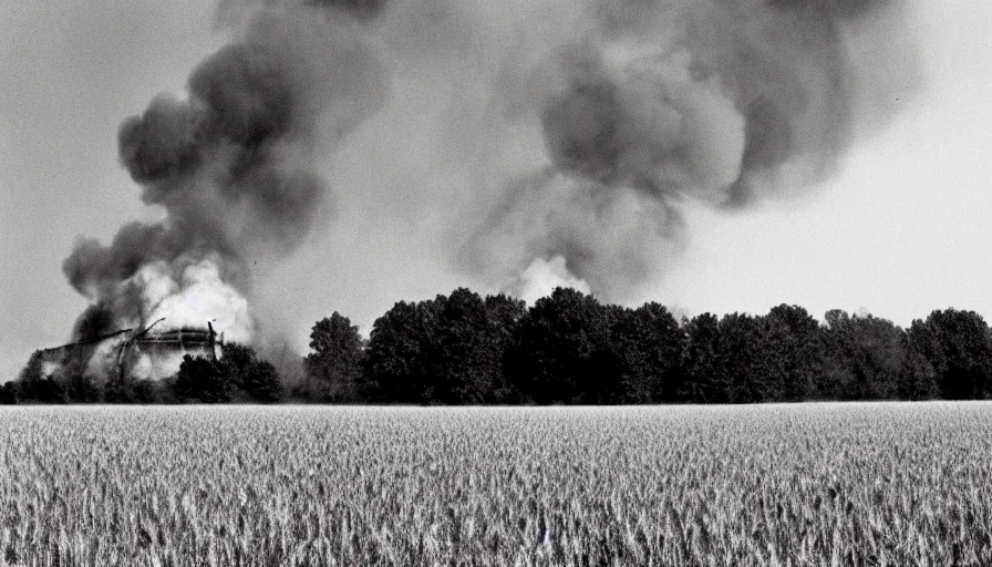 Image similar to 1 9 7 0 s movie still of a heavy burning house in a wheat field, cinestill 8 0 0 t 3 5 mm, high quality, heavy grain, high detail, texture, dramatic light, ultra wide lens, panoramic anamorphic, hyperrealistic