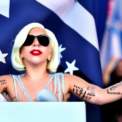 Image similar to Lady Gaga as president, Argentina presidential rally, Argentine flags behind, bokeh, giving a speech, detailed face, Argentina