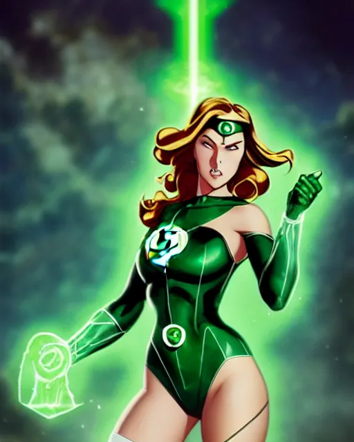 Prompt: pinup photo of female green lantern from justice league in the crowded square of the city, asuna by a - 1 pictures, by by greg rutkowski, artgerm, gil elvgren, enoch bolles, glossy skin, pearlescent, anime, very coherent, sao style anime, flat