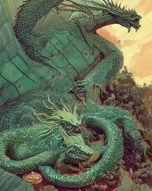 Prompt: a giant slumbering sleeping green dragon, digital art, illustrated by james gurney and victo ngai