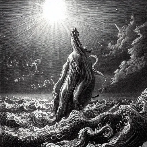 Prompt: a traditional portait of cthulhu, small town, night, soaring waves, clouds, illustration by Gustave Doré