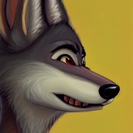 Image similar to oil painting of anthromorphic female wolf, in style of zootopia, female fursona, furry, furaffinity, 4 k, deviantart, furry art, fursona art, wearing black business suit, business suit, wolf fursona, female, very expressive detailed feminine face,