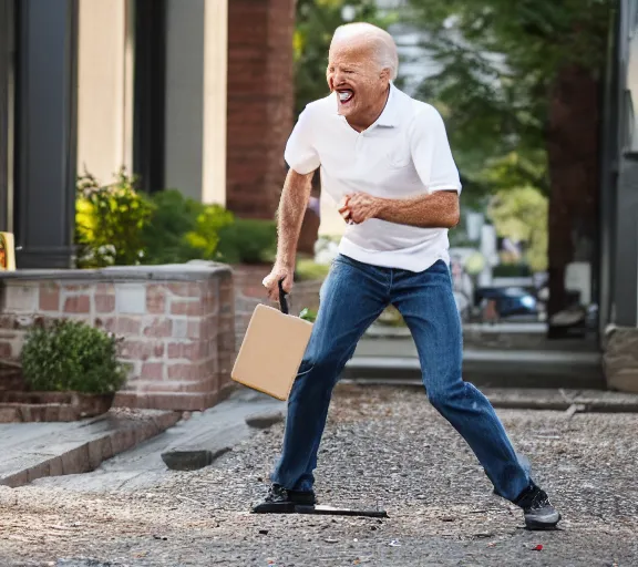 Prompt: color still of joe biden smashing a laptop with a brick, large smile, XF IQ4, 150MP, 50mm, F1.4, ISO 200, 1/160s, natural light