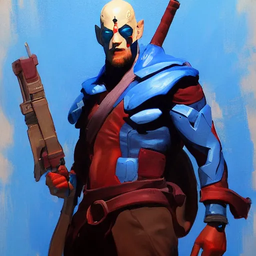 Prompt: greg manchess portrait painting of yondu udonta as overwatch character, medium shot, asymmetrical, profile picture, organic painting, sunny day, matte painting, bold shapes, hard edges, street art, trending on artstation, by huang guangjian and gil elvgren and sachin teng