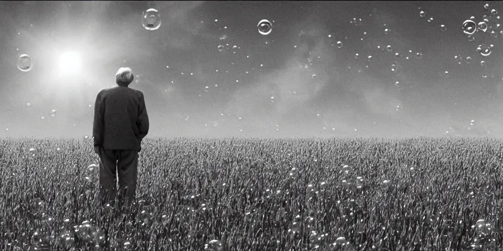 Image similar to an old man in a field looking at multiverse bubbles in the sky, scene from a stanley kubrick movie, in c