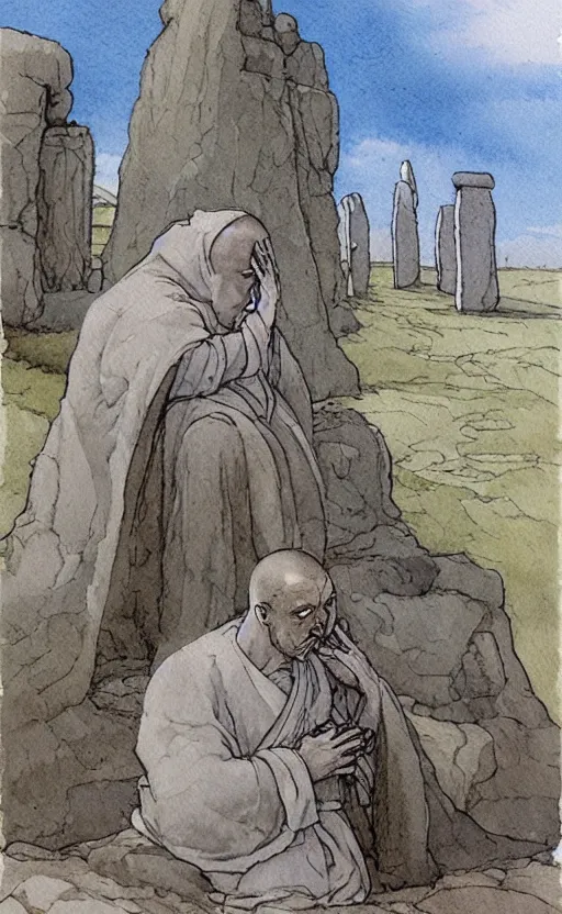 Prompt: a realistic and atmospheric watercolor fantasy concept art of giant monk in grey robes sitting in stonehenge. in the foreground a tiny medieval monk in grey robes is praying. a ufo is in the sky. by rebecca guay, michael kaluta, charles vess