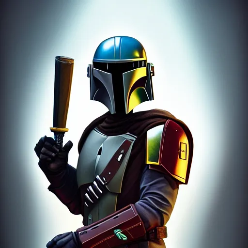 Prompt: digital painting of a Mandalorian wielding a vibroblade and holoshield, D&D, fantasy, elegant, hopeful, cosmic, muscular, highly detailed, digital painting, artstation, concept art, smooth, sharp focus, illustration, art by jose gonzalez