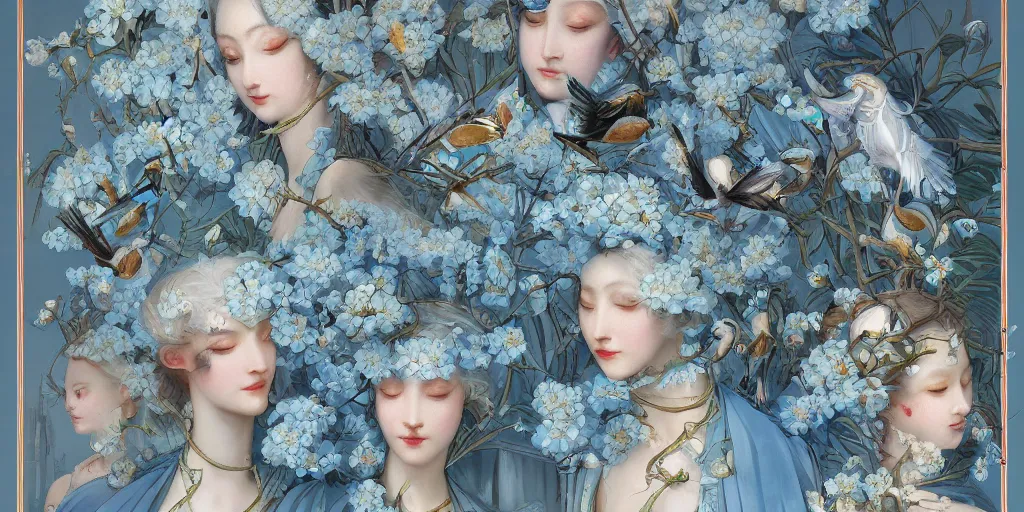 Image similar to breathtaking detailed concept art painting art deco pattern of blonde faces goddesses amalmation light - blue flowers with anxious piercing eyes and blend of flowers and birds, by hsiao - ron cheng and john james audubon, bizarre compositions, exquisite detail, extremely moody lighting, 8 k