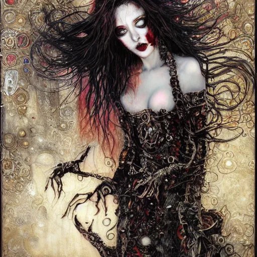 Image similar to stunning feminine vampire with fangs, intricate detail, klimt, royo, whealan,