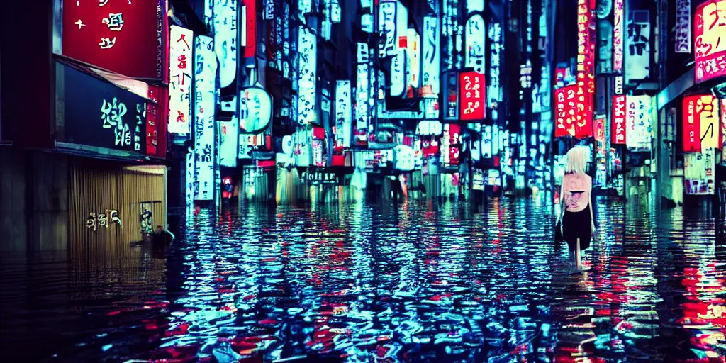 Prompt: white haired girl walking in a vibrant flooded tokyo at night, neon lights lots of trees,, volumetric lighting, ambient lighting, cinematic, subtle, vibrant colors, photo, by studio ghibli