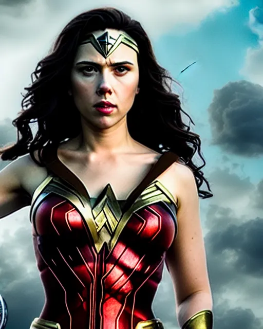 Image similar to scarlett johansson as wonder woman from new 5 2, movie, hyper realistic, hollywood promotional image, imax, 8 k