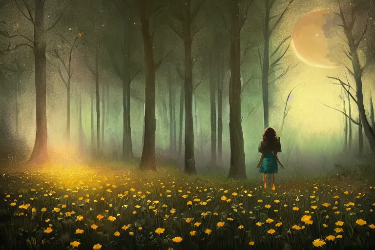 Prompt: giant daisies flowers head, girl walking in dark forest, surreal photography, dark night, stars, moon light, impressionist painting, clouds, digital painting, artstation, simon stalenhag