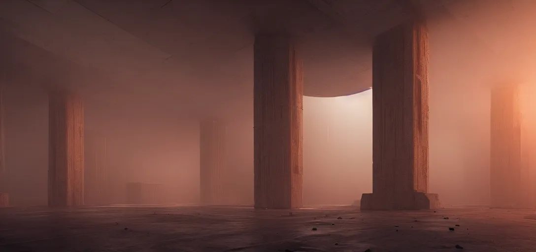 Prompt: dramatic view of empty brutalist underground structure, giant towering pillars, orange fog, unreal engine, dramatic lighting, detailed, ambient occlusion, global illumination, god rays, 3 d artstation render by greg rutowski and jessica rossier
