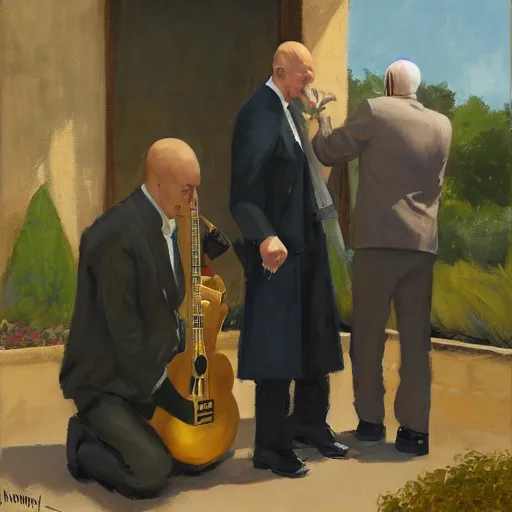 Image similar to a portrait of agent 4 7 from hitman dressed as a gardener playing a guitar in a monestary next to an elderly priest, by gregory manchess, james gurney, james jean