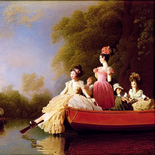 Image similar to dreadful by jean - honore fragonard pride prejudice. the conceptual art of a group of well - dressed women & children enjoying a leisurely boat ride on a calm day. the women are chatting & laughing while the children play with a toy boat in the foreground.